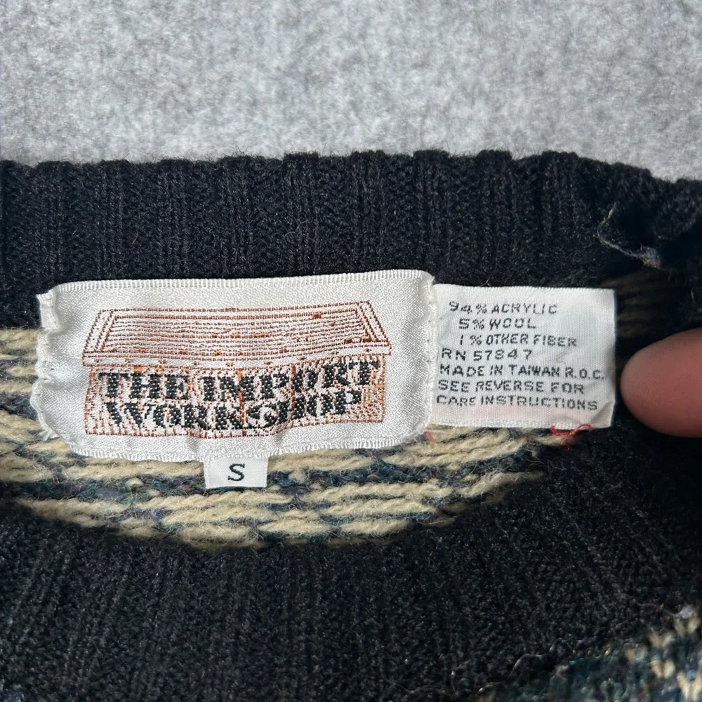 Vintage The Import Workshop Sweater Mens Small Black Floral Fair Isle Knit 90s - Picture 2 of 12